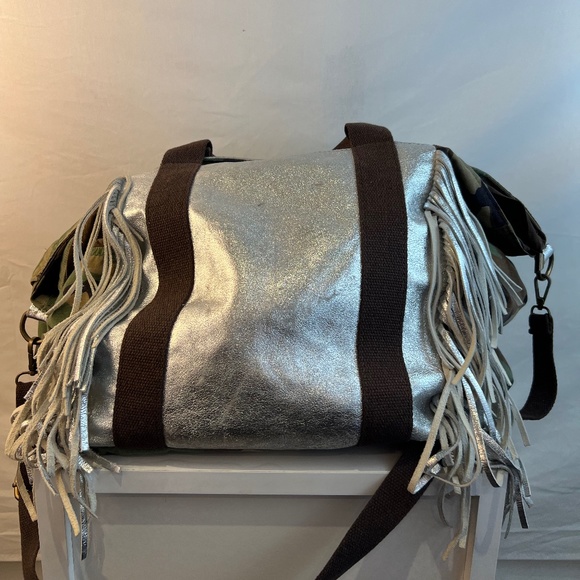 Silver Fringed Leather with Camo Fabric Hybrid Bag - Picture 11 of 16